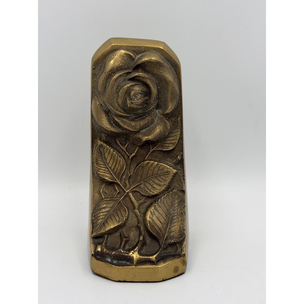 Vintage Solid Brass Rose Bookend Floral Relief Made in Korea 6in Heavy